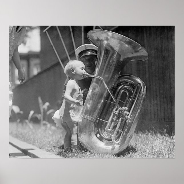 Baby Playing Tuba, 1923. Vintage Photo Poster (Front)