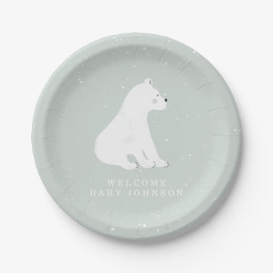 Baby Polar Bear Cub Blue Winter Baby Shower Paper Plate