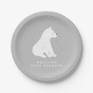 Baby Polar Bear Cub Gray Winter Baby Shower Paper Plate