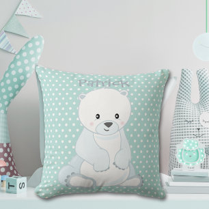 Baby Polar Bear Pastel Green Polka-Dot Monogram Cushion