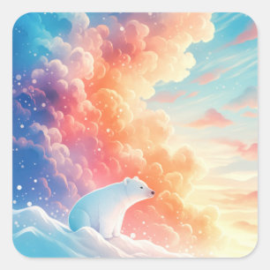 Baby Polar Bear Sitting in Snow Colourful Sunset Square Sticker