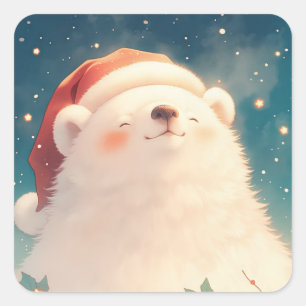 Baby Polar Bear Wearing Santa Hat Under Starry Sky Square Sticker