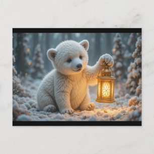 Baby Polar Bear with Lantern Magical Winter Postcard