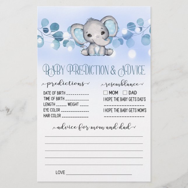 Baby Prediction and Advice Game Baby Shower Game (Front)