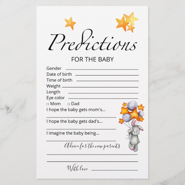 Baby predictions advice card bunny baby shower (Front)
