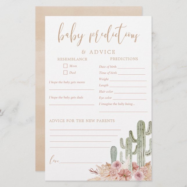 Baby predictions advice card cactus desert boho (Front/Back)