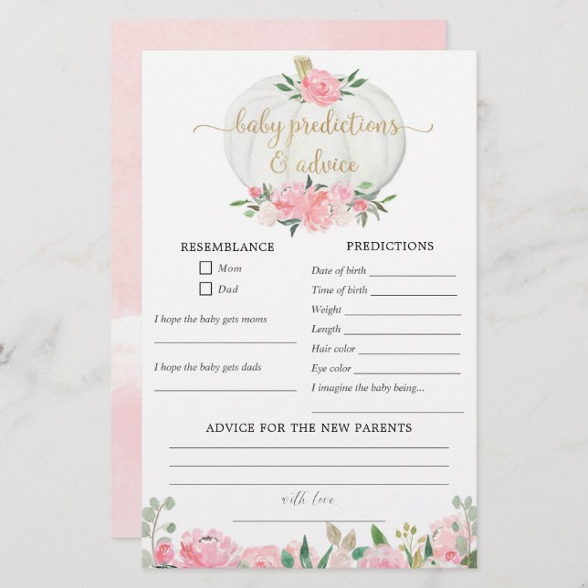 Baby predictions advice card fall pumpkins girl (Front/Back)