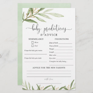 Baby predictions advice card greenery gold