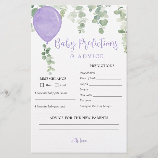 Baby predictions advice card purple balloon girl (Front)