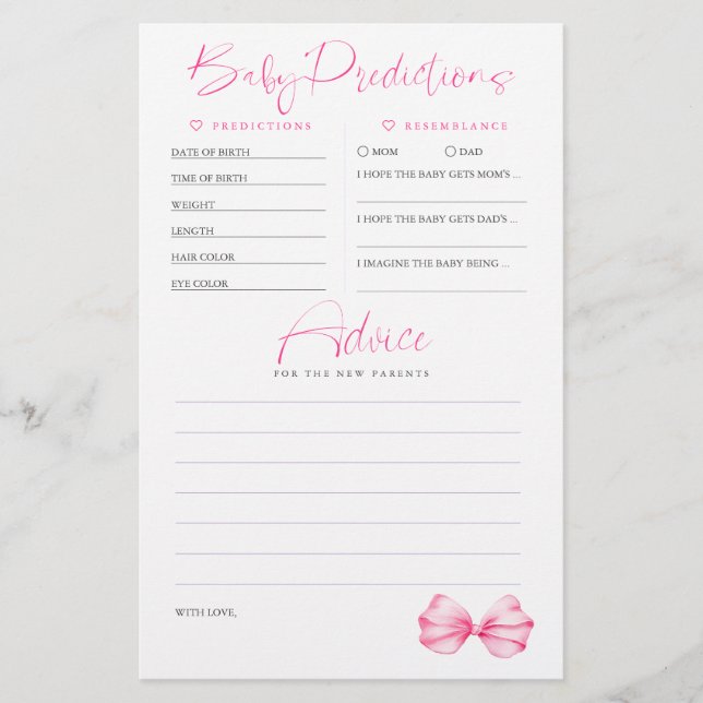 Baby Predictions Advice Pink Baby Shower Game (Front)