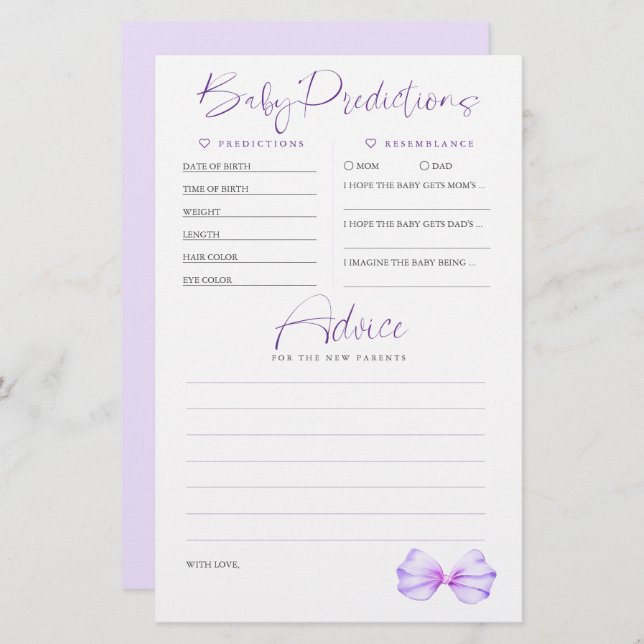 Baby Predictions Advice Purple Baby Shower Game (Front/Back)