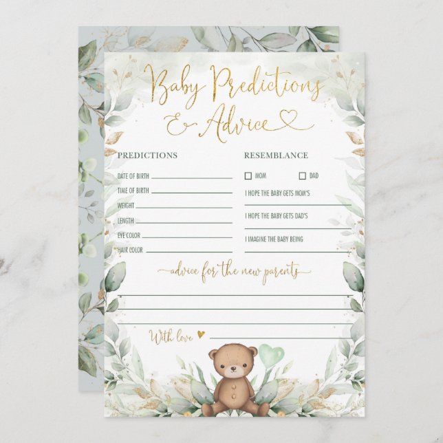Baby Predictions & Advice Teddy Bear Greenery Game Invitation (Front/Back)