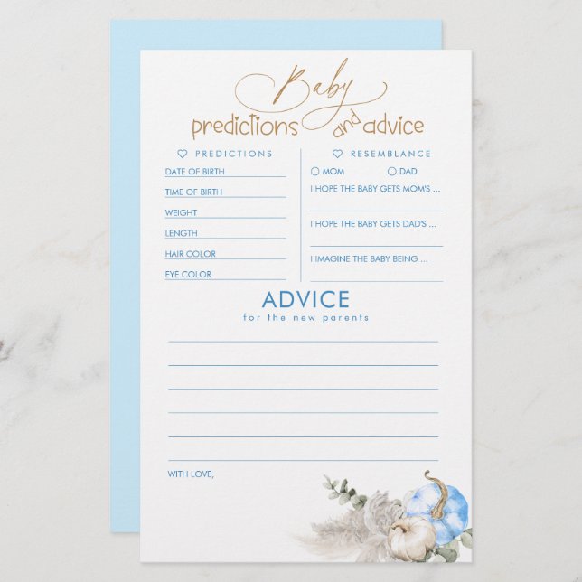 Baby Predictions and Advice Baby Shower Game (Front/Back)
