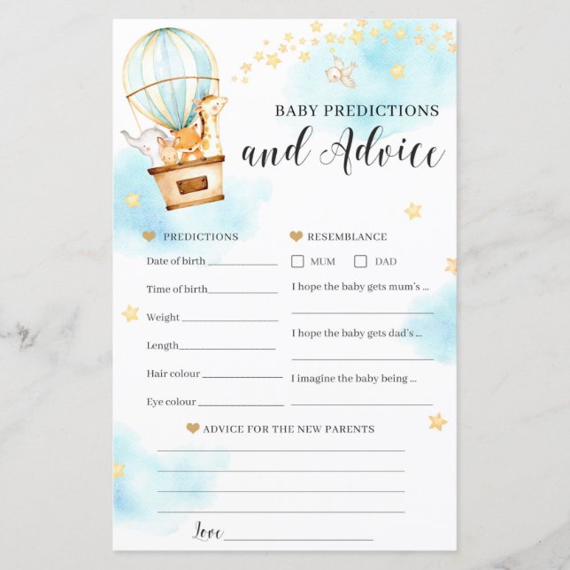 Baby predictions and advice Baby Shower game (Front)