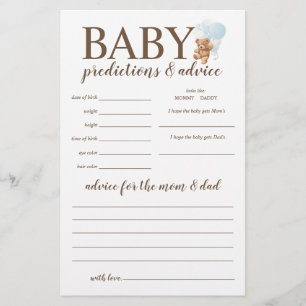 Baby Predictions and Advice Blue Teddy Bear Game Flyer