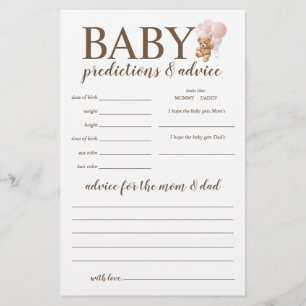 Baby Predictions and Advice Pink Teddy Bear Game Flyer