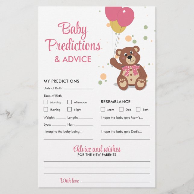 Baby Predictions and Advice Pink Teddy Bear Game Flyer (Front)