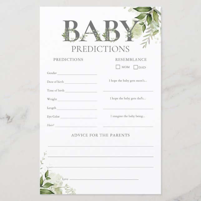 Baby Predictions Greenery Baby Shower Game (Front)