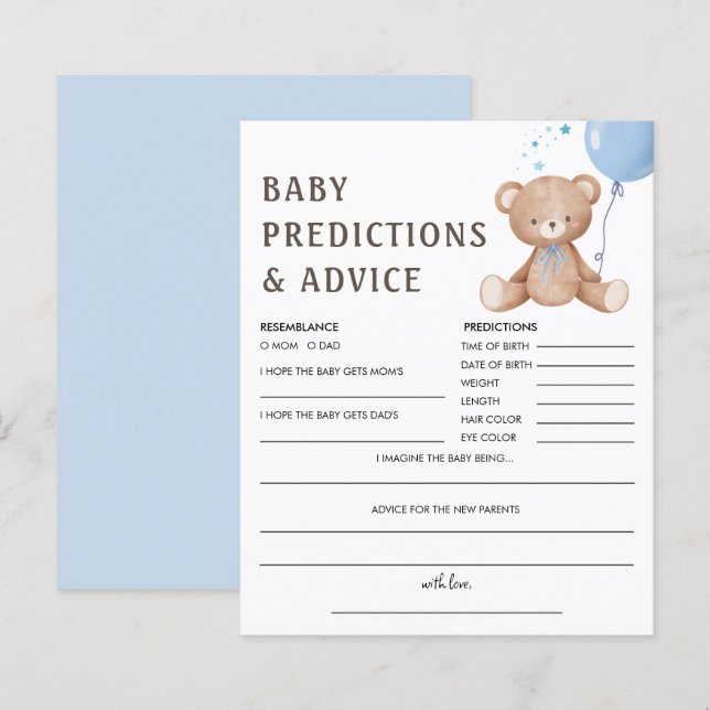 Baby Predictions | Teddy Bear Boy Baby Shower Game (Front/Back)
