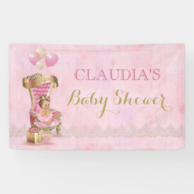 Baby Princess Crown Gold Pink Royal Throne Banner (Horizontal)