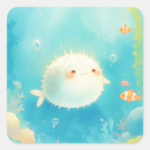 Baby Pufferfish Swimming in Sunny Coral Reef Square Sticker