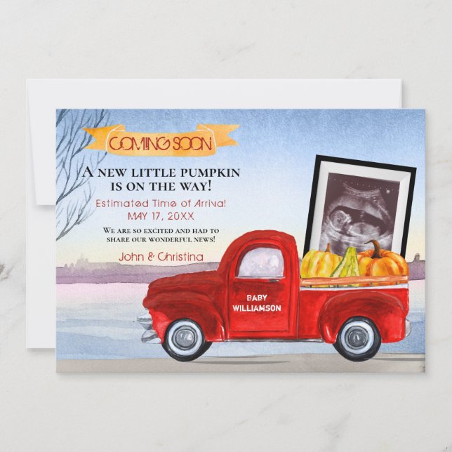 Baby Pumpkin Red Truck Ultrasound Pregnancy Announcement (Front)