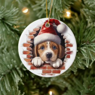 Baby Puppy in Santa Hat - 3D Ceramic Tree Decoration