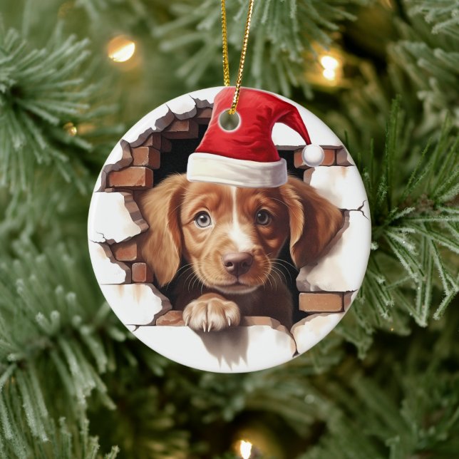 Baby Puppy in Santa Hat - 3D Ceramic Tree Decoration (Tree)