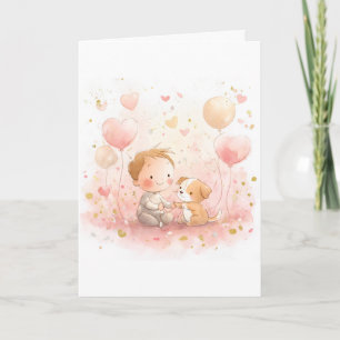 Baby & Puppy Valentine’s Card   Soft Watercolor