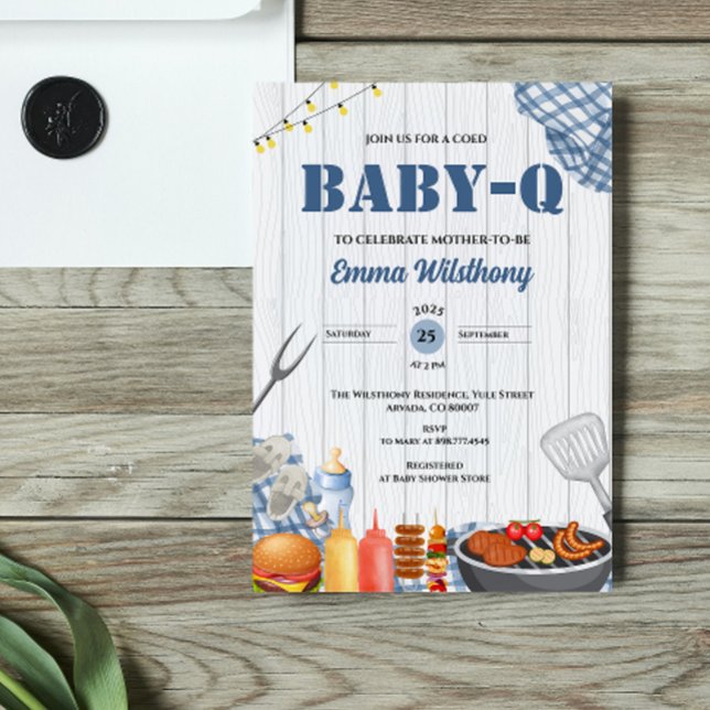 Baby-Q Baby Shower Boy Rustic BBQ Backyard Plaid  Invitation (Baby-Q bbq rustic barbecue picnic spring summer garden party barbeque baby shower invitation boy )