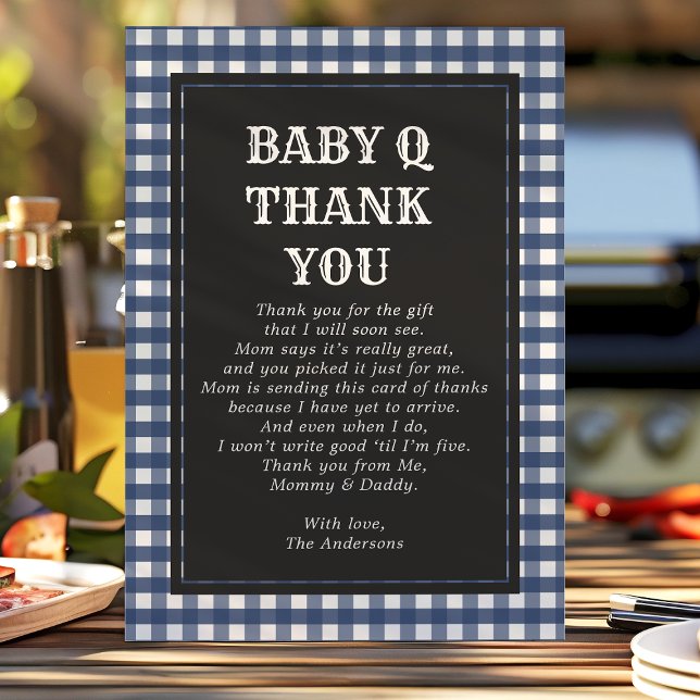 Baby Q Barbeque Rustic Country Baby Shower Navy Thank You Card (Creator Uploaded)