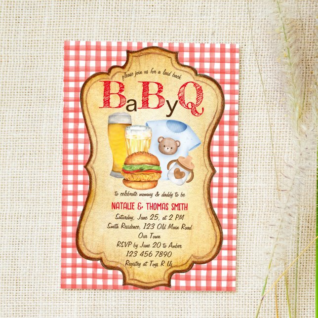 Baby Q BBQ barbecue red check baby shower Invitation (Creator Uploaded)