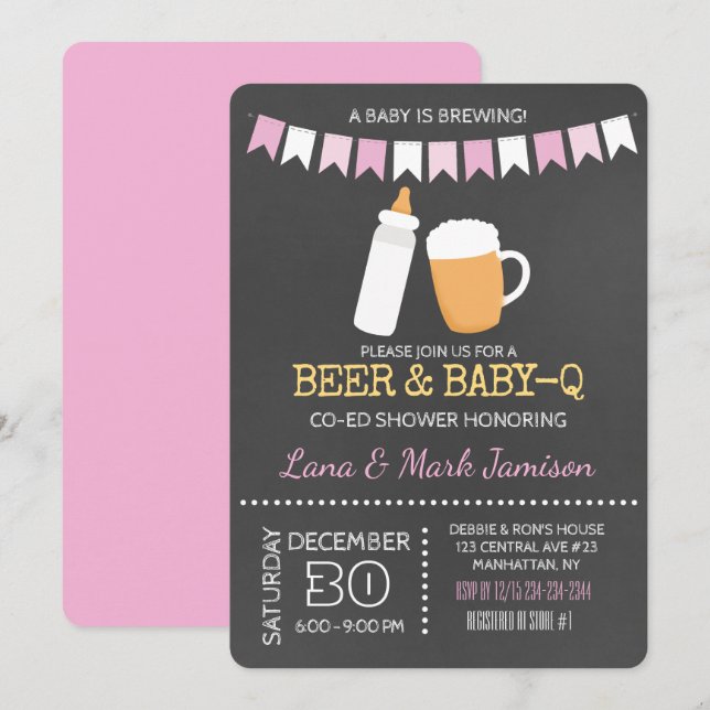 Baby-Q BBQ Beer Shower Co-Ed Girl Invitation Pink (Front/Back)