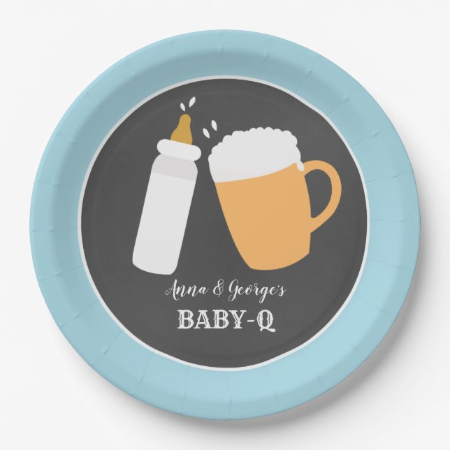 Baby-Q Beer Barbecue Co-Ed Shower Plate - Blue (Front)