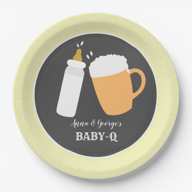 Baby-Q Beer Barbecue Co-Ed Shower Plate - Yellow (Front)