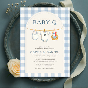 Baby-Q Blue Gingham Clothesline Baby Shower Invitation