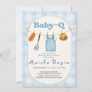 Baby-Q Blue Gingham Clothesline Baby Shower Invitation