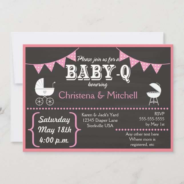 Baby-Q Chalkboard Baby Shower Invitations (Pink) (Front)