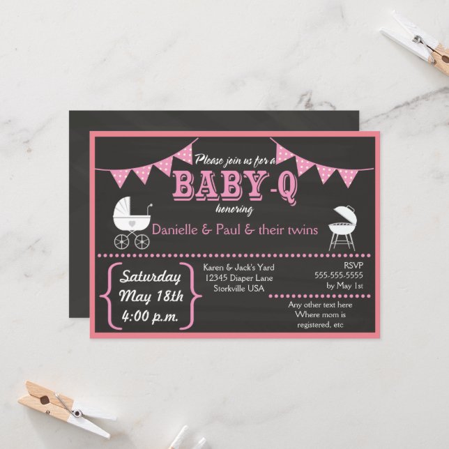 Baby-Q Chalkboard Pink Baby Shower Invitation (Front/Back In Situ)