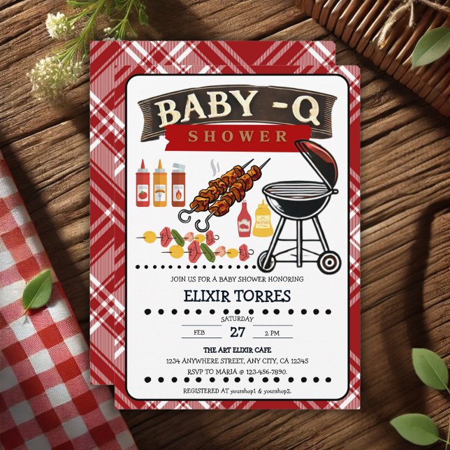 Baby-Q Chequered Red & Black Grill Baby Shower Invitation (Creator Uploaded)