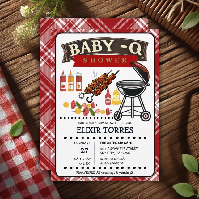 Baby-Q Chequered Red & Black Grill Baby Shower Invitation (Creator Uploaded)