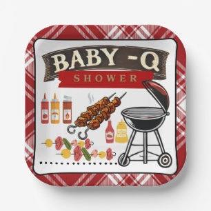 Baby-Q Chequered Red & Black Grill Baby Shower Paper Plate