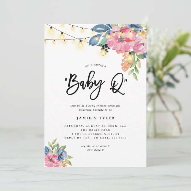Baby Q Garden Party Flowers & Lights Baby Shower Invitation (Standing Front)