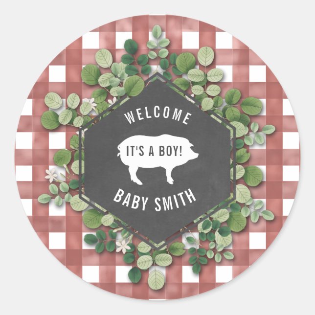 Baby q Gingham Botanical Pig Baby Shower Classic Round Sticker (Front)