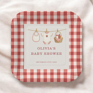 Baby-Q Gingham Red Co-ed Baby Shower Party Paper Plate