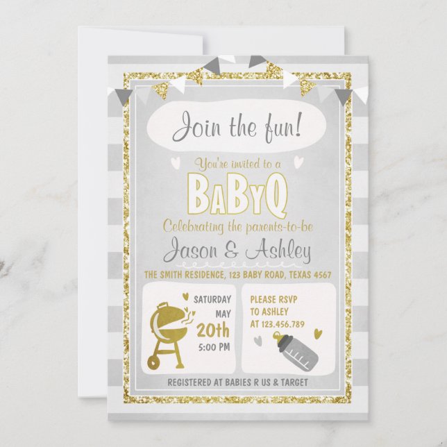 Baby Q invitation Coed BBQ Baby Shower Invite Grey (Front)