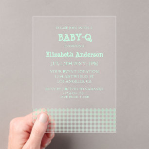 Baby-Q Mint Green Gingham Baby Shower Acrylic Invitations