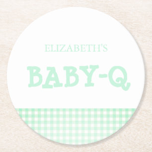 Baby-Q Mint Green Gingham Baby Shower Round Paper Coaster