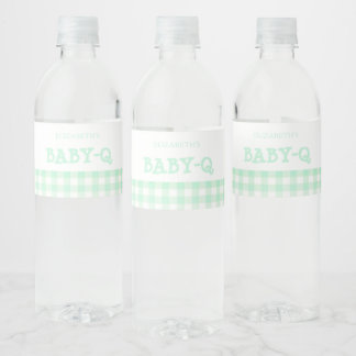 Baby-Q Mint Green Gingham Baby Shower Water Bottle Label