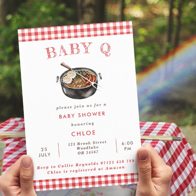 Baby Q Red Barbeque Gingham Baby Shower Invitation (Creator Uploaded)